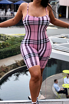 Pink Casual Polyester Plaid Sleeveless Strappy Bodycon Jumpsuit ALS024