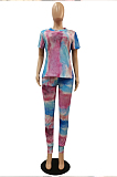 Blue Yellow Casual Cotton Tie Dye Short Sleeve Round Neck Tee Top Long Pants Sets CM758