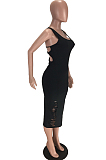 Black Casual Polyester Sleeveless Round Neck Backless Knotted Strap Mid Waist Long Dress LMM8157