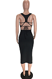 Black Casual Polyester Sleeveless Round Neck Backless Knotted Strap Mid Waist Long Dress LMM8157