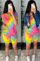 Rose Red Casual Cotton Tie Dye Short Sleeve Round Neck Tee Top Shorts Sets CM759