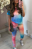 Blue Yellow Casual Cotton Tie Dye Short Sleeve Round Neck Tee Top Long Pants Sets CM758