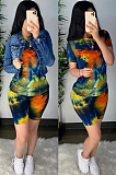 Yellow Casual Cotton Tie Dye Short Sleeve Round Neck Tee Top Shorts Sets CM759