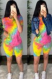 Yellow Casual Cotton Tie Dye Short Sleeve Round Neck Tee Top Shorts Sets CM759