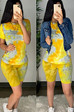 Blue Casual Cotton Tie Dye Short Sleeve Round Neck Tee Top Shorts Sets CM759