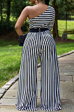 Black Casual Polyester Striped Long Sleeve Spliced Tee Jumpsuit LMM8165