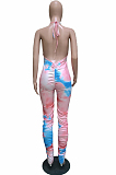 Pink Casual Polyester Tie Dye Sleeveless Halterneck Ruffle Unitard Jumpsuit BBN092