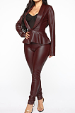Black Casual Pu Leather Long Sleeve Flounce Utility Blouse Long Pants Sets BBN026