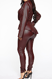 Wine Red Casual Pu Leather Long Sleeve Flounce Utility Blouse Long Pants Sets BBN026