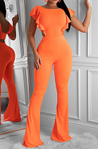 Orange Casual Polyester Sleeveless Round Neck Backless Bodycon Jumpsuit BBN051