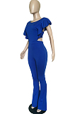 Blue Casual Polyester Sleeveless Round Neck Backless Bodycon Jumpsuit BBN051