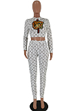Black Casual Polyester Animal Graphic Long Sleeve Round Neck Tee Top Long Pants Sets HY5093