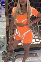 Orange Casual Polyester Short Sleeve Article Neon Square Neck Crop Top High Waist Shorts Sets HR8119