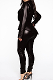 Black Casual Pu Leather Long Sleeve Flounce Utility Blouse Long Pants Sets BBN026