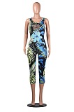 Blue Casual Polyester Floral Sleeveless Round Neck Backless Bodycon Jumpsuit YLY2309