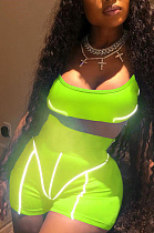 Neon Green Casual Polyester Short Sleeve Article Neon Square Neck Crop Top High Waist Shorts Sets HR8119