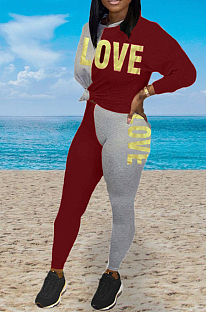 Wine Red Casual Polyester Letter Long Sleeve Round Neck Spliced Tee Top Long Pants Sets BBN033