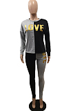 Black Casual Polyester Letter Long Sleeve Round Neck Spliced Tee Top Long Pants Sets BBN033