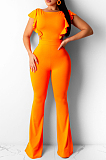 Yellow Casual Polyester Sleeveless Round Neck Backless Bodycon Jumpsuit BBN051