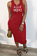 Red Green Casual Polyester Letter Sleeveless Round Neck Ruffle Mid Waist Tank Dress BBN055