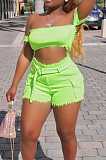 Neon Green Sexy Pure Color Cotton Sleeveless Bandeau Bra Cargo Pants Sets HR8016