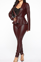 Wine Red Casual Pu Leather Long Sleeve Flounce Utility Blouse Long Pants Sets BBN026