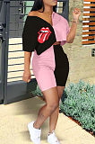 Red Casual Polyester Mouth Graphic Short Sleeve Utility Blouse Shorts Sets BBN057