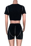 Black Casual Polyester Short Sleeve Article Neon Square Neck Crop Top High Waist Shorts Sets HR8119