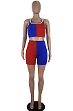 Blue Red Casual Polyester Sleeveless Square Neck Spliced Tank Top Shorts Sets SDD9261