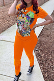 Gray Casual Polyester Cartoon Graphic Short Sleeve Round Neck Ruffle Tee Top Long Pants Sets OMY8030