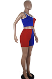 Blue Red Casual Polyester Sleeveless Square Neck Spliced Tank Top Shorts Sets SDD9261