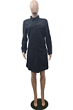 Gray Casual Polyester Long Sleeve Buttoned Shirt Dress BBN023