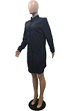 Black Casual Polyester Long Sleeve Buttoned Shirt Dress BBN023