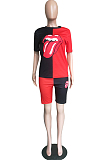 Black Casual Polyester Mouth Graphic Short Sleeve Round Neck Spliced Tee Top Shorts Sets BBN053