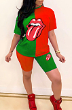 Pink Casual Polyester Mouth Graphic Short Sleeve Round Neck Spliced Tee Top Shorts Sets BBN053