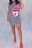 Pink Casual Polyester Mouth Graphic Short Sleeve Round Neck Mid Waist Shift Dress SDD9250