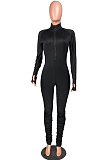 Black Casual Polyester Long Sleeve Pleated Bodycon Jumpsuit W8294
