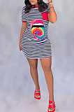 Pink Casual Polyester Mouth Graphic Short Sleeve Round Neck Mid Waist Shift Dress SDD9250