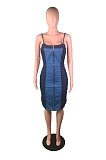 Dark Blue Casual Polyester Sleeveless Spaghetti Strap  Open Back Slip Dress BS1210
