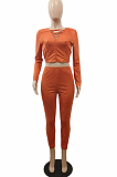 Orange Casual Polyester Long Sleeve Tee Top Long Pants Sets BBN025