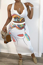 White Sexy Polyester Figure Graphic Sleeveless Tank Top Midi Skirt Sets HM5345
