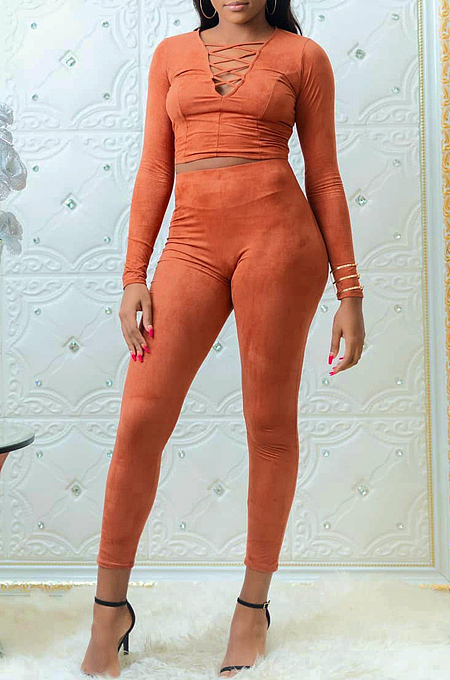 Orange Casual Polyester Long Sleeve Tee Top Long Pants Sets BBN025