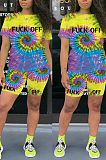 Yellow Casual Polyester Tie Dye Short Sleeve Round Neck Tee Top Shorts Sets OMY8037