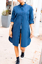 Blue Casual Polyester Long Sleeve Buttoned Shirt Dress BBN023