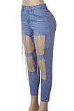 Blue Casual Polyester Tassel Hem High Waist Straight Leg Pants K003