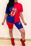 Yellow Casual Polyester Mouth Graphic Short Sleeve Round Neck Spliced Tee Top Shorts Sets BBN053