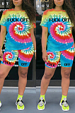 Blue Casual Polyester Tie Dye Short Sleeve Round Neck Tee Top Shorts Sets OMY8037