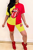 Black Casual Polyester Mouth Graphic Short Sleeve Round Neck Spliced Tee Top Shorts Sets BBN053
