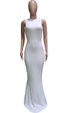 White Casual Polyester Sleeveless Round Neck Mid Waist Long Dress BBN095