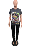 Orange Casual Polyester Cartoon Graphic Short Sleeve Round Neck Ruffle Tee Top Long Pants Sets OMY8030